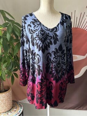 Parsley & Sage L Tunic Artsy Boho Hippie 3/4 Sleeve Blue Red V-Neck Art To Wear